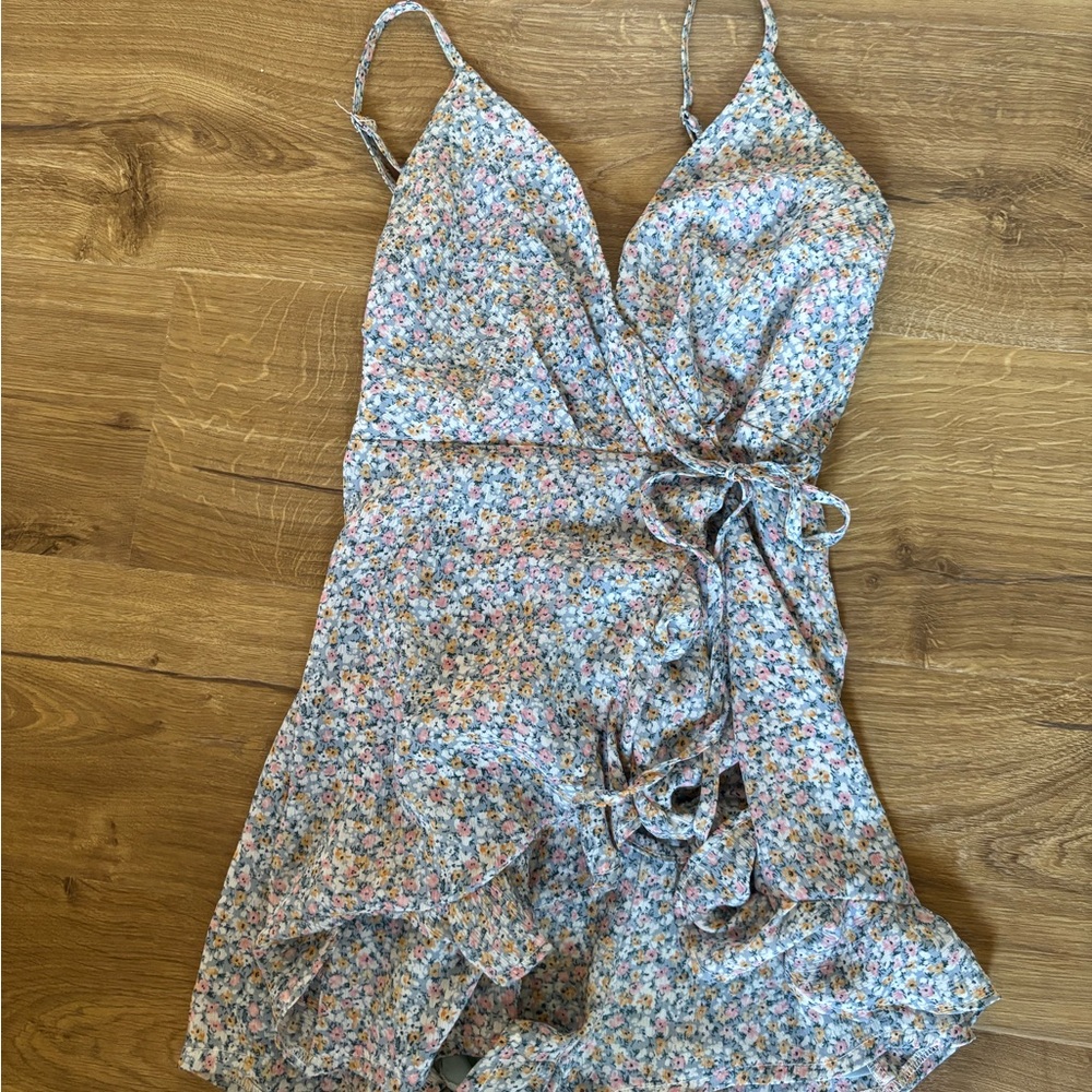 Princess Polly Light Blue Floral Wrap Romper